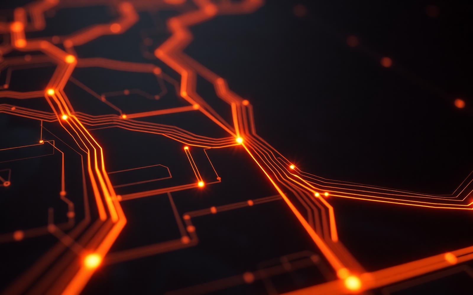 Abstract circuit pattern glowing in warm amber, representing modern IT infrastructure