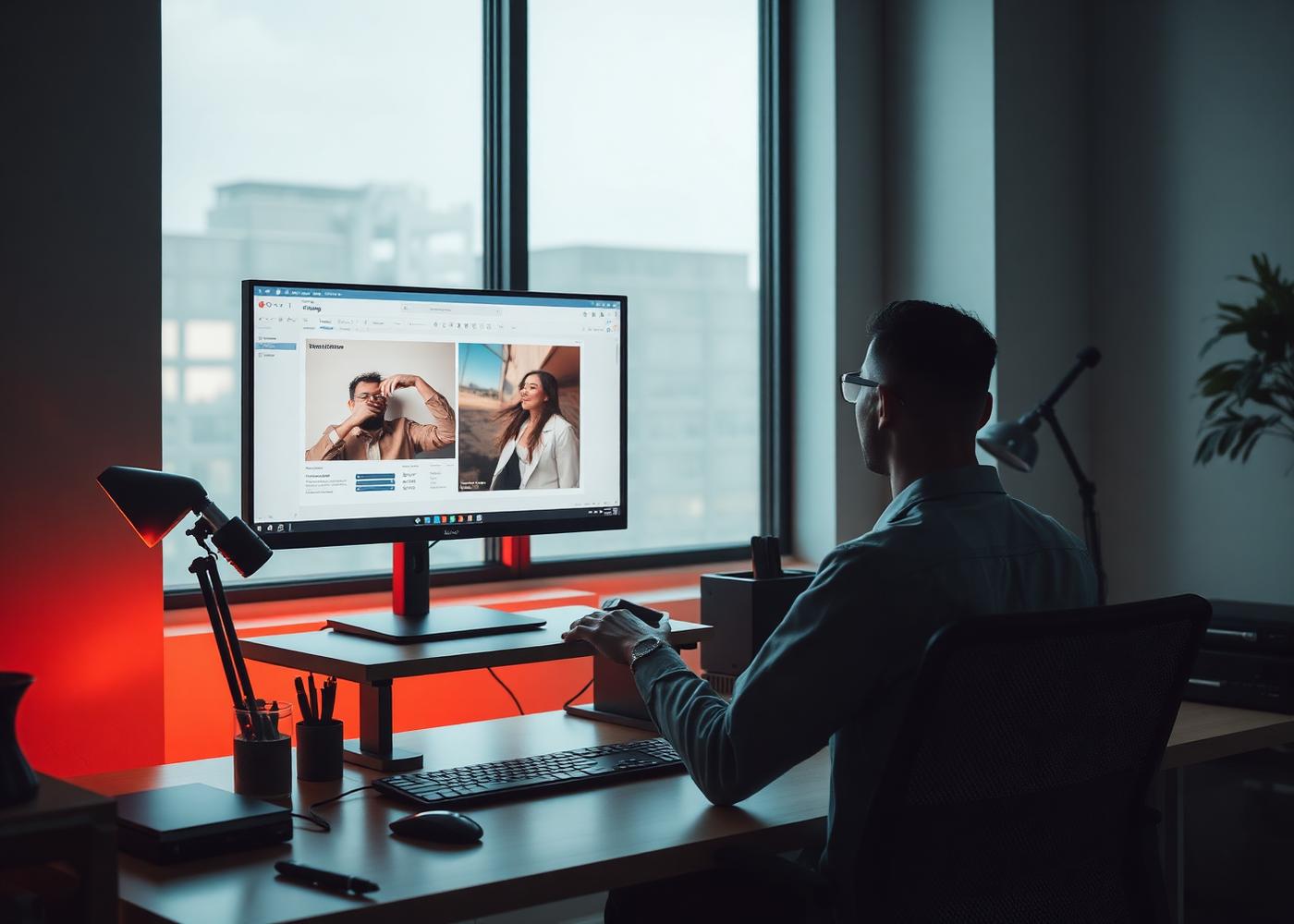 Software engineer working at a bright modern desk with a large monitor